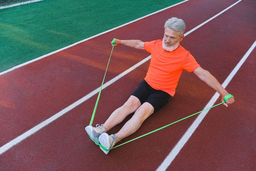 An older man exercising with a resistance band on a running track